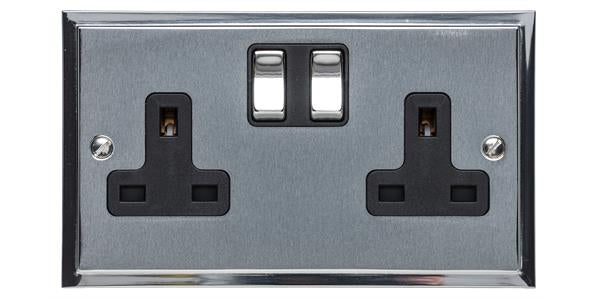 Double Socket - Elite Stepped Pattern Plate - Flat Plate With Square Edges - Dual Finish Satin Chrome & Polished Chrome