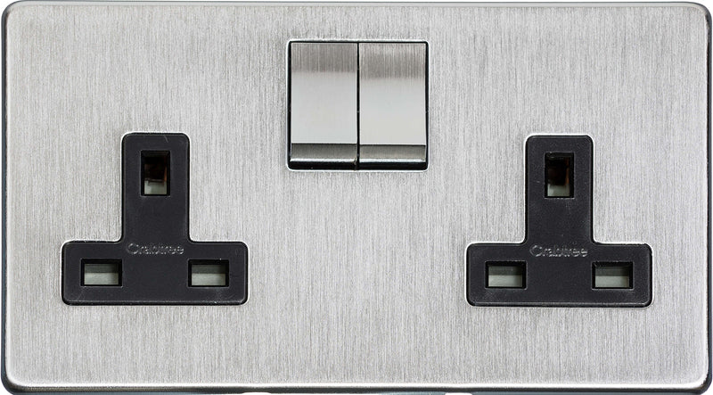 Double Socket - Studio Concealed Fix Plate Light Switch & Socket Range - Flat Screwless Plate With Rounded Edges - Satin Chrome