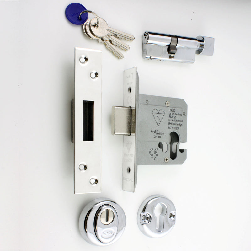 Euro Profile Cylinder Deadlock - Key / Thumb-Turn Operated BS 8621 Rated - Polished Stainless Steel (Shiny Finish) - G Johns & Sons Ltd - Architectural Ironmongery
