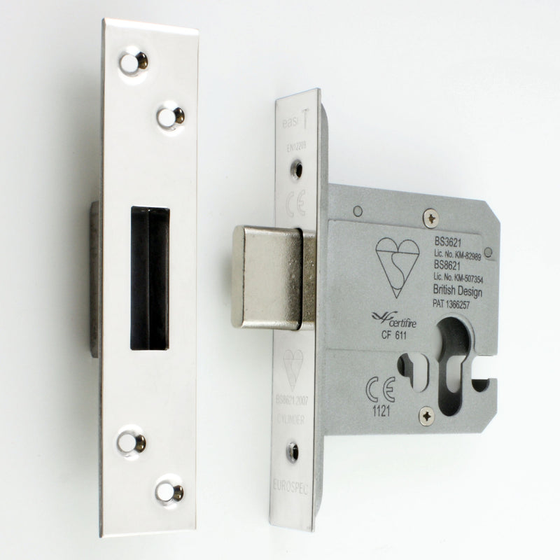 Euro Profile Cylinder Deadlock - Key / Thumb-Turn Operated BS 8621 Rated - Polished Stainless Steel (Shiny Finish) - G Johns & Sons Ltd - Architectural Ironmongery