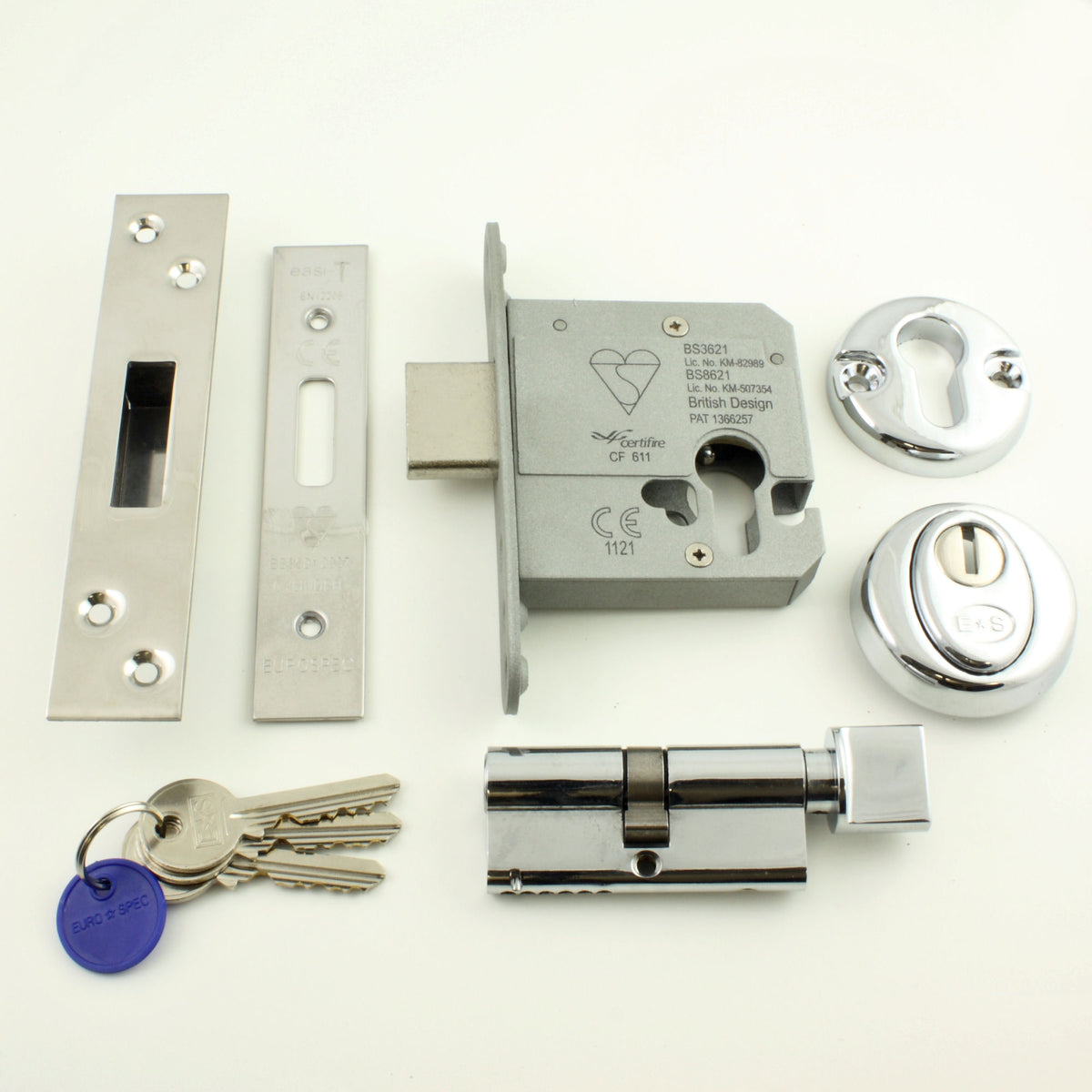 Euro Cylinder Deadlock - Key / Thumb-Turn Operated BS 8621 Rated - Polished Stainless Steel (Shiny Finish)