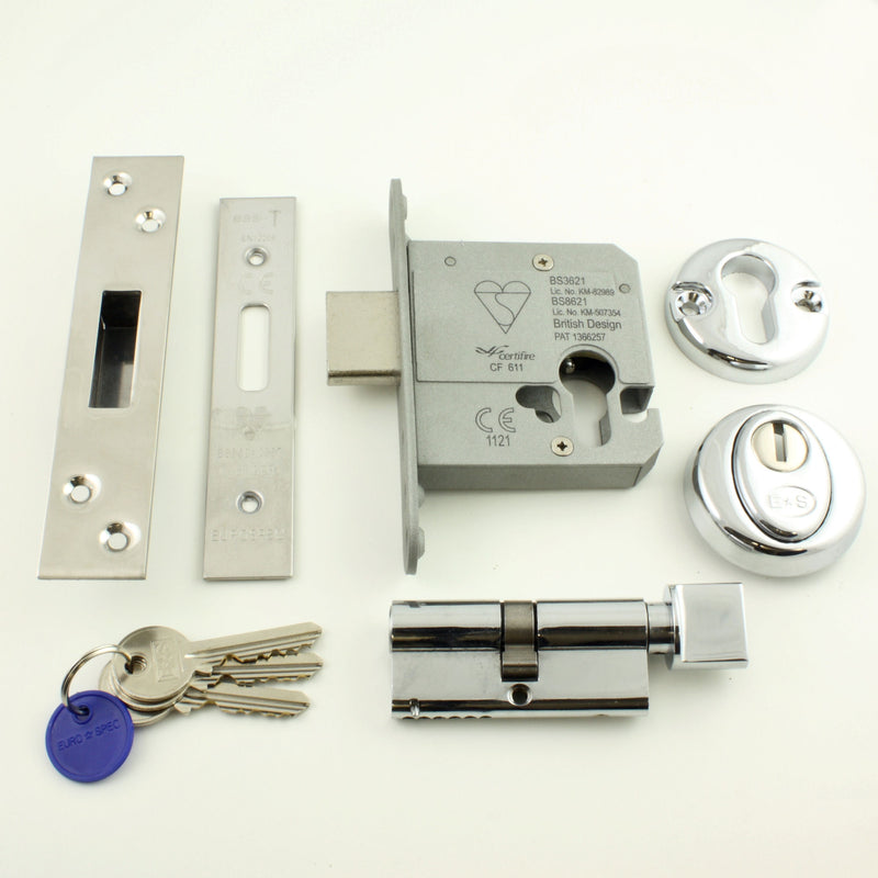 Euro Cylinder Deadlock - Key / Thumb-Turn Operated BS 8621 Rated - Polished Stainless Steel (Shiny Finish)