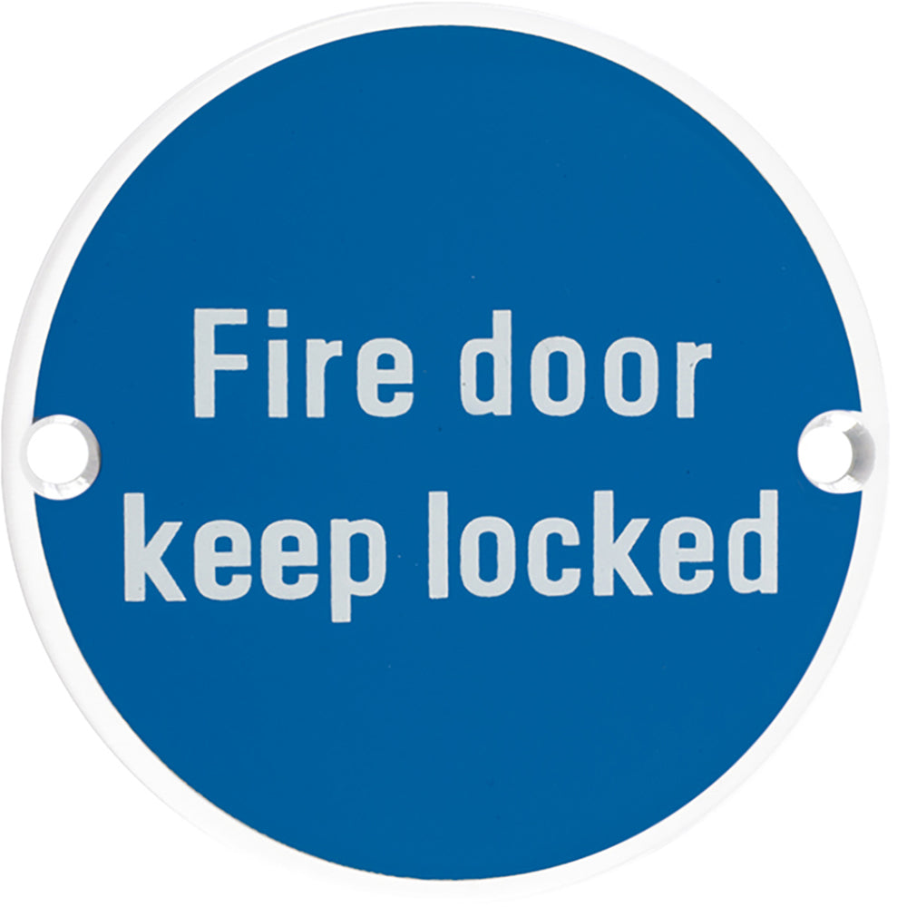 Fire Door Keep Locked - Circular Screw Fix Sign - Matt White Edge With Blue Background