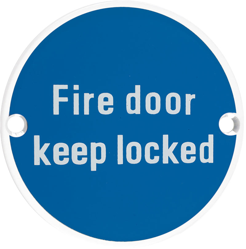 Fire Door Keep Locked - Circular Screw Fix Sign - Matt White Edge With Blue Background