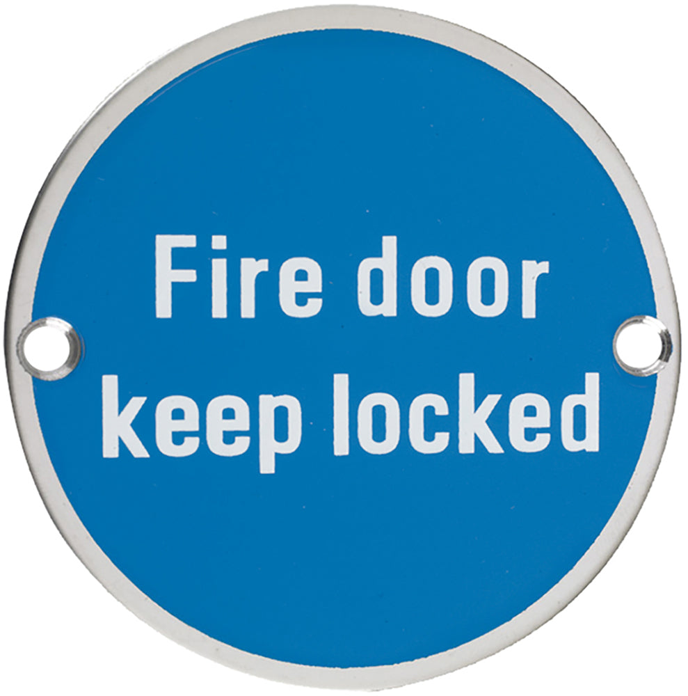 Fire Door Keep Locked - Circular Screw Fix Sign - Polished Stainless Steel Edge With Blue Background