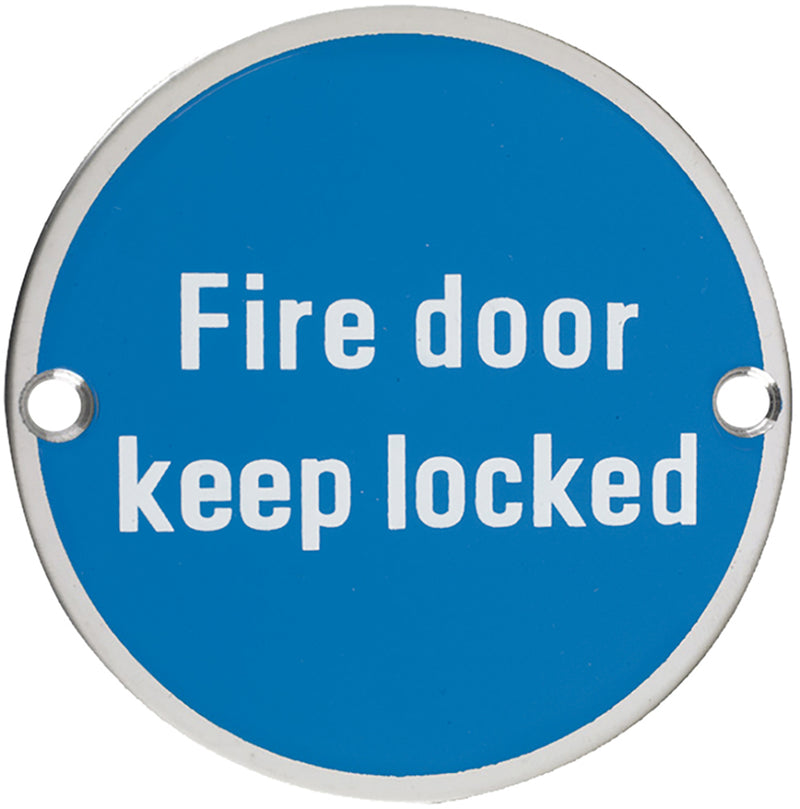 Fire Door Keep Locked - Circular Screw Fix Sign - Polished Stainless Steel Edge With Blue Background