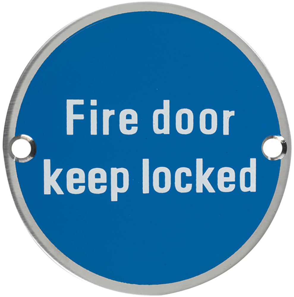Fire Door Keep Locked - Circular Screw Fix Sign - Satin Stainless Steel Edge With Blue Background