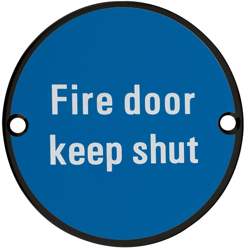 Fire Door Keep Shut - Circular Screw Fix Sign - Matt Black Edge With Blue Background