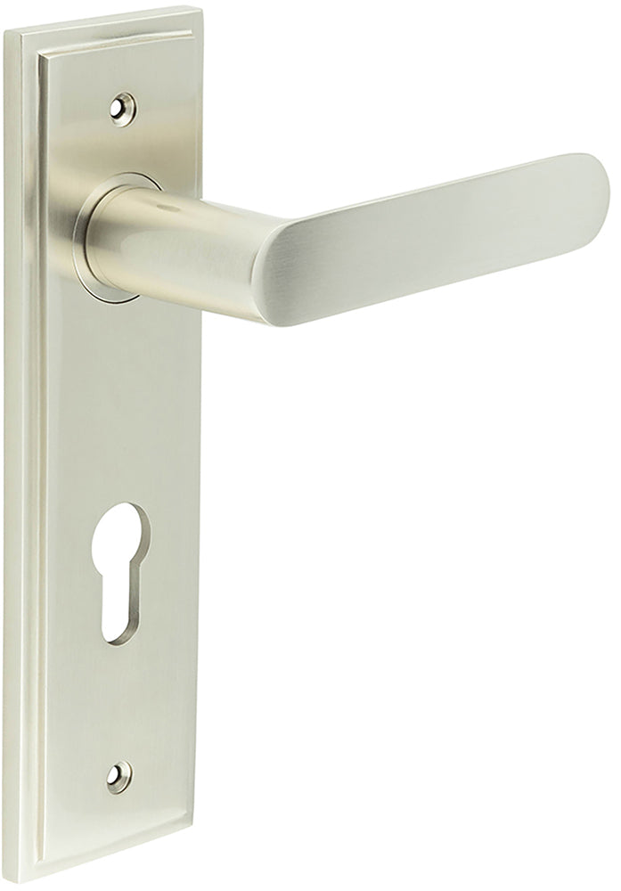 Flat Front Pattern Lever Handle With Rounded End On A Large Rectangular Backplate - Satin Nickel
