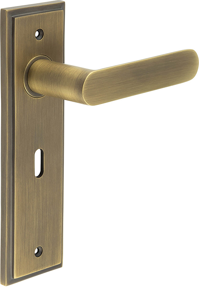 Flat Front Pattern Lever Handle With Rounded End On A Large Rectangular Backplate - Antique Brass