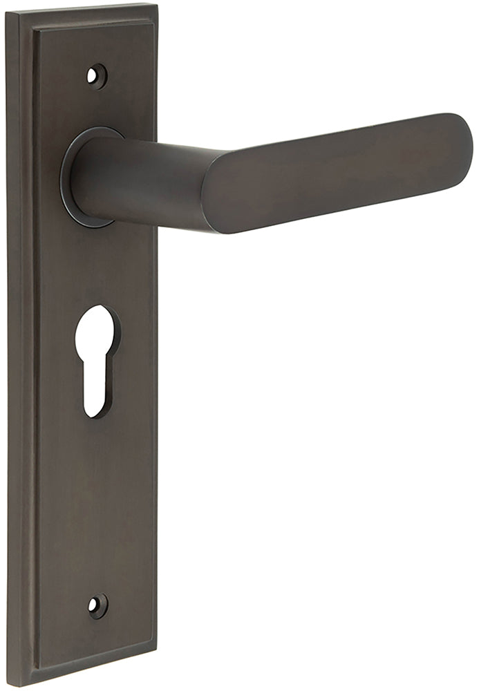 Flat Front Pattern Lever Handle With Rounded End On A Large Rectangular Backplate - Dark Bronze