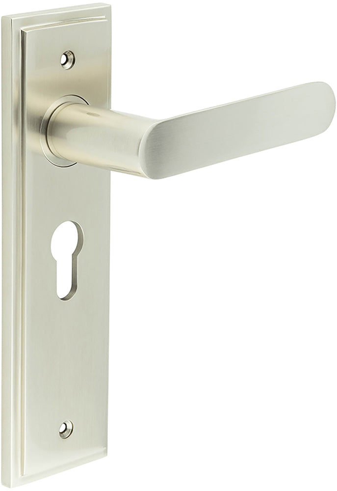 Flat Front Pattern Lever Handle With Rounded End On A Large Rectangular Backplate - Satin Nickel