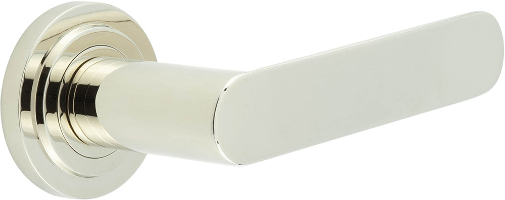 Flat Front Pattern Lever Handles With Stepped Round Rose - Suitable For Use With FD30 / FD60 Fire Doors - Polished Nickel