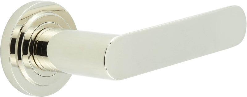 Flat Front Pattern Lever Handles With Stepped Round Rose - Suitable For Use With FD30 / FD60 Fire Doors - Polished Nickel
