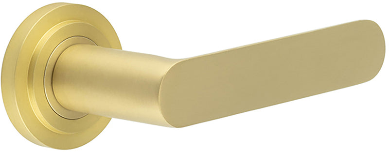 Flat Front Pattern Lever Handles With Stepped Round Rose - Suitable For Use With FD30 / FD60 Fire Doors - Satin Brass