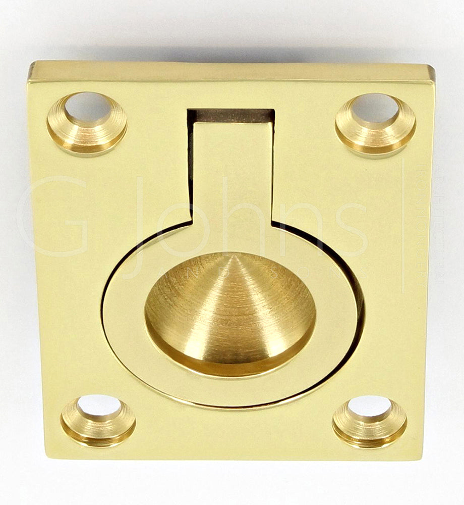 Flush Fitting Rectangular Ring Pull - Available In Two Sizes - Polished Brass