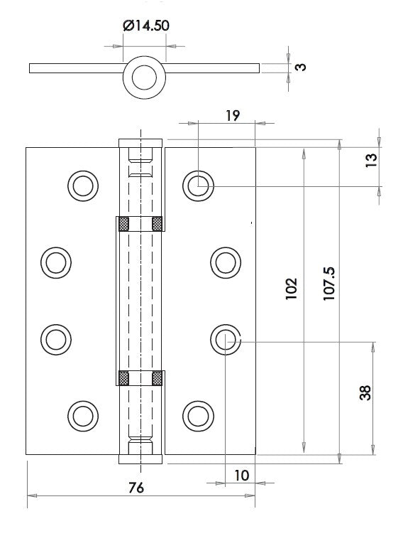 Polymer Bearing Grade 13 Hinges - CE Marked - Fired Rated - Certifire Approved - 120kg Weight Limit - 102mm x 76mm - Dimensions Diagram