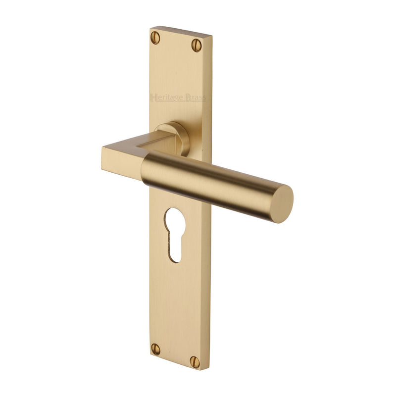 Bauhaus Lever Door Handles On A 200mm Backplate - Euro Profile Cylinder Plate - Satin Brass