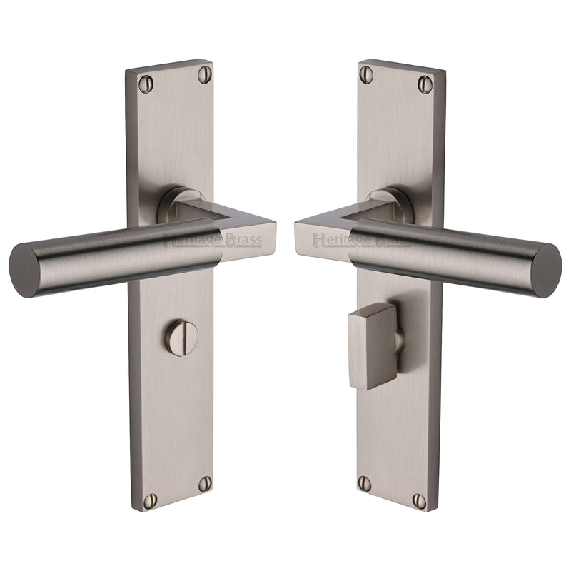 Bauhaus Lever Door Handles On A 200mm Backplate - Bathroom Turn & Release Plate - Satin Nickel