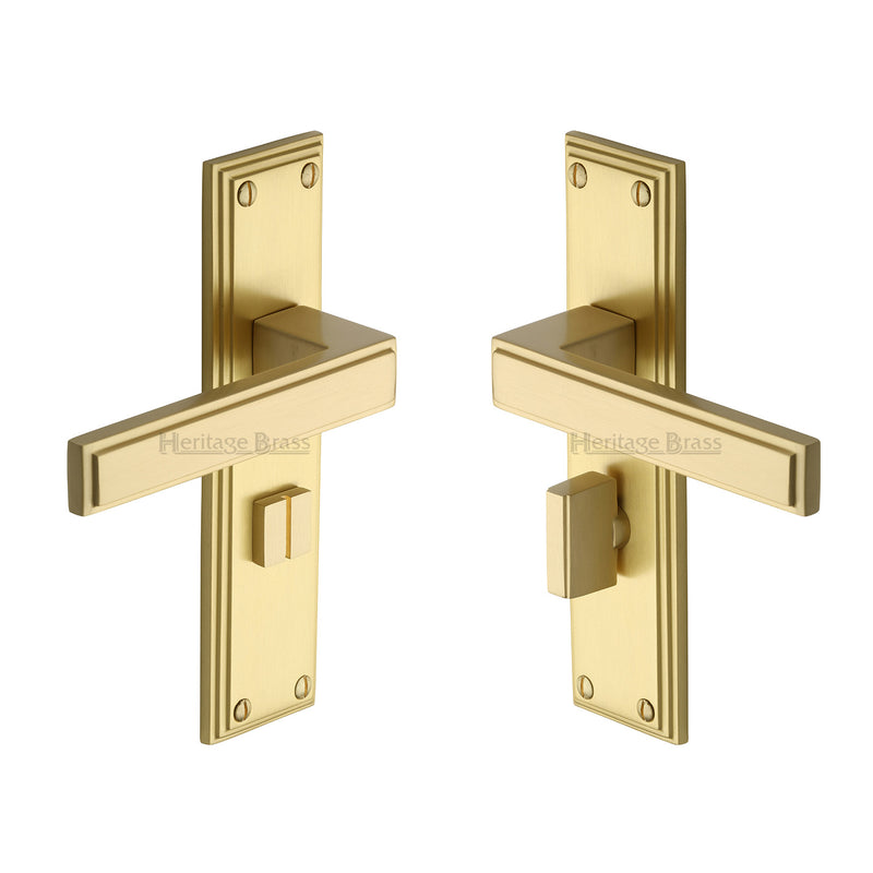 Atlantis Lever Door Handles On A Bathroom Lock Backplate - Satin Brass