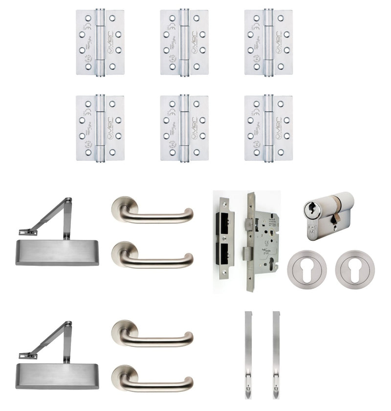 Double Locking Door (Office / Room) - Ironmongery Kit - For Non Fire Rated Doors - Satin Stainless Steel Ironmongery