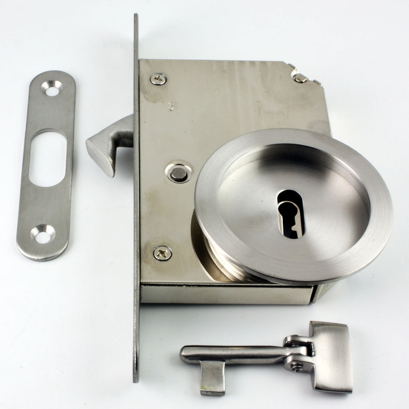 Key Operated Hook Lock With Round Escutcheons & Folding Key For Sliding Pocket Doors - Satin Stainless Steel
