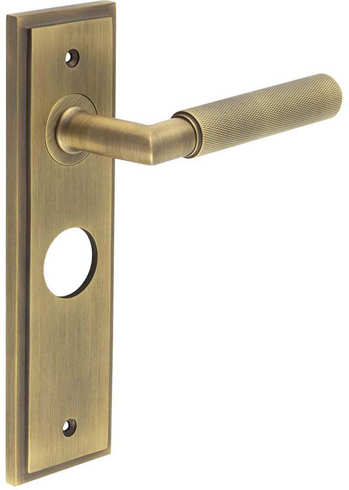 Knurled Pattern Lever Handle On A Large Rectangular Backplate - Antique Brass