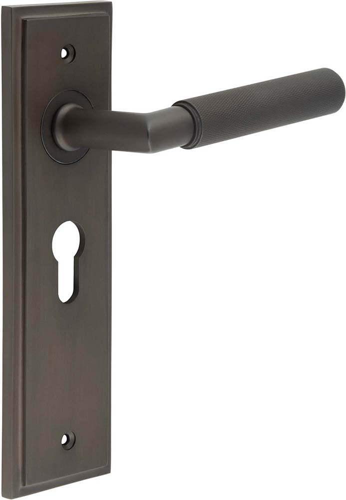 Knurled Pattern Lever Handle On A Large Rectangular Backplate - Dark Bronze
