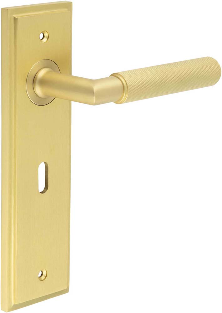 Knurled Pattern Lever Handle On A Large Rectangular Backplate - Satin Brass