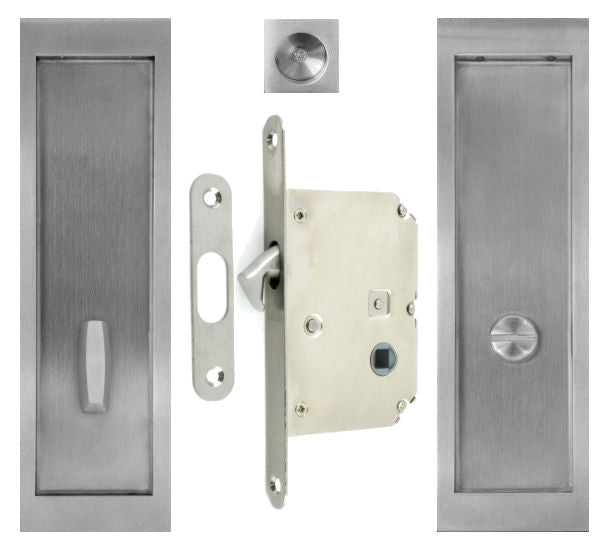 Large Rectangular Shape Inset Style Flush Fitting Handles & Bathroom Hook Lock Set With Turn & Release For Sliding Pocket Doors 210mm x 63mm - Satin Stainless Steel