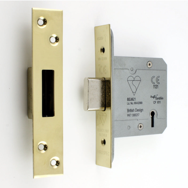 BS Rated - 5 Lever British Standard Kite Marked Mortice Dead Lock - PVD Brass
