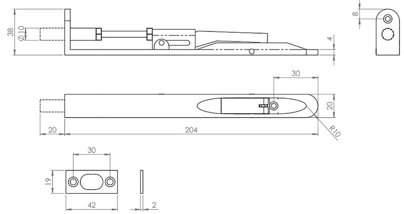 Lever Action Flush Bolt - Radius Pattern - 204mm x 20mm - Suitable For Use On FD30 / FD60 Fire Doors - Diagram