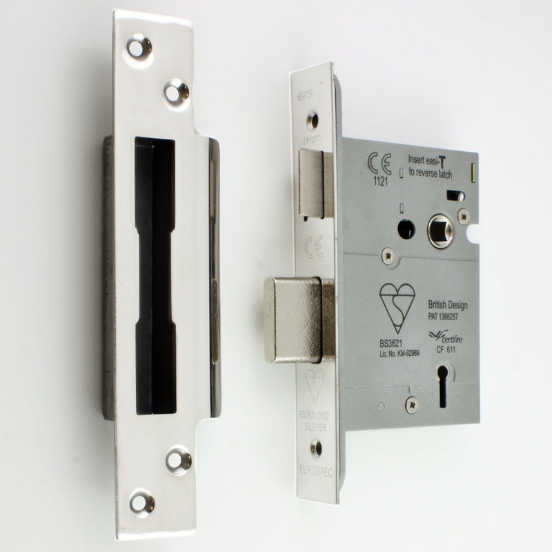BS Rated - 5 Lever British Standard Kite Marked Mortice Sash Lock - Polished Stainless Steel - (Shiny Finish)