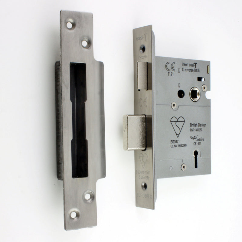 BS Rated - 5 Lever British Standard Kite Marked Mortice Sash Lock - Satin Stainless Steel
