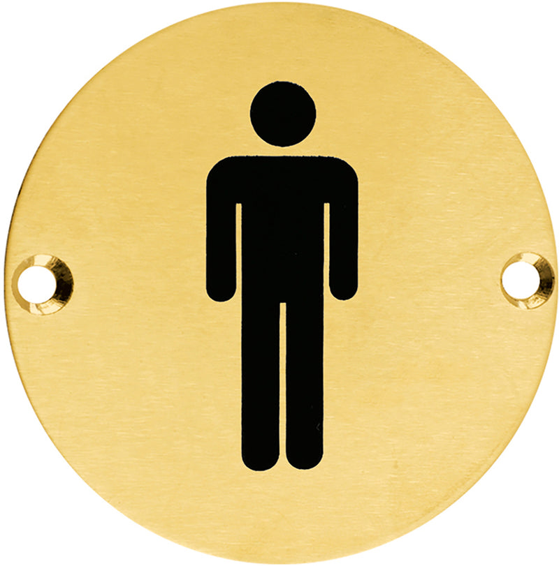 Male Symbol - Circular Screw Fix Sign - PVD Satin Brass