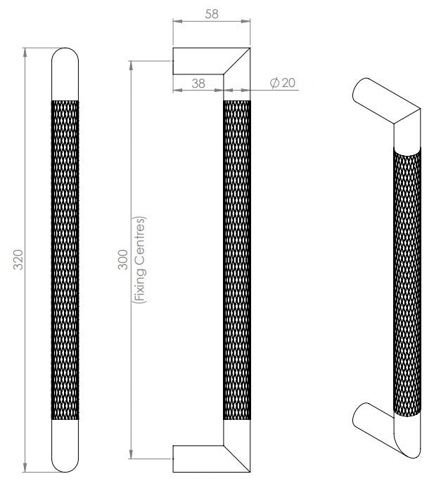 Mitred Knurled Bolt Through Fixing Pull Handle - Available In Two Sizes - 320mm - Diagram