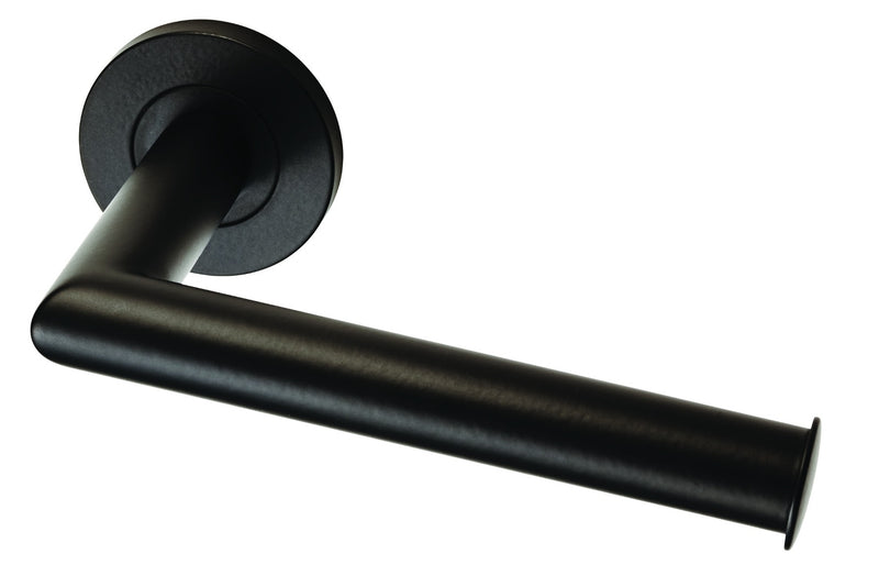 Mitred Round Bar Toilet Roll Holder - Concealed Fix Roses - Matt Black