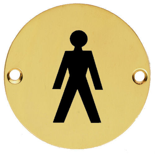 Male Symbol - Circular Screw Fix Sign - Polished Brass