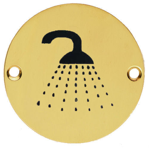 Shower Symbol - Circular Screw Fix Sign - Polished Brass