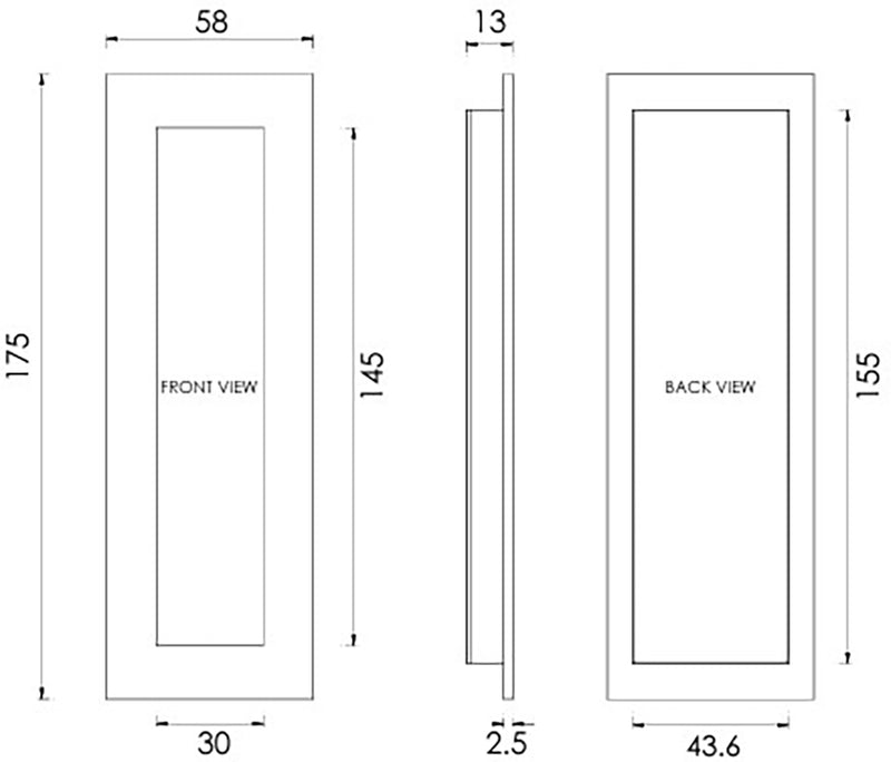 Rectangular Flush Pull Handle For Sliding Pocket Doors - Three Sizes Available - Diagram