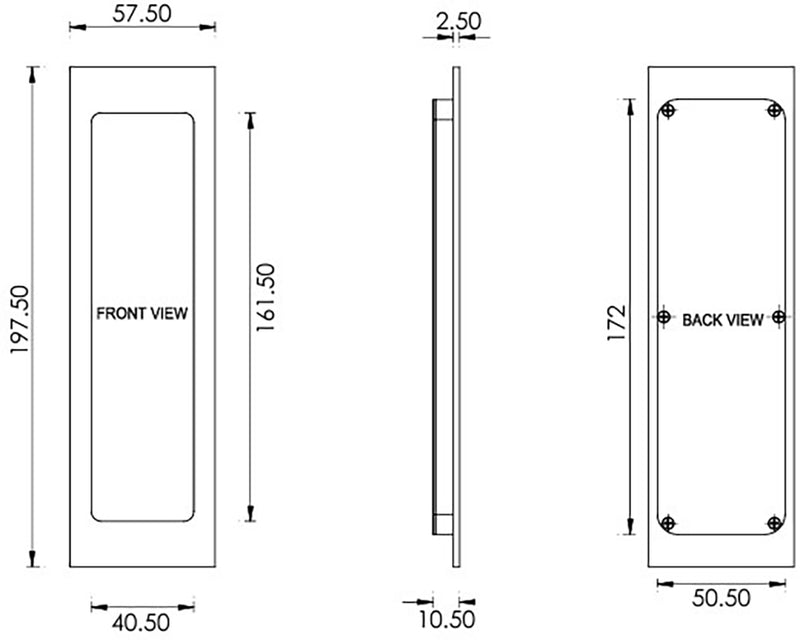 Rectangular Flush Pull Handle For Sliding Pocket Doors - 197mm x 57mm - Diagram