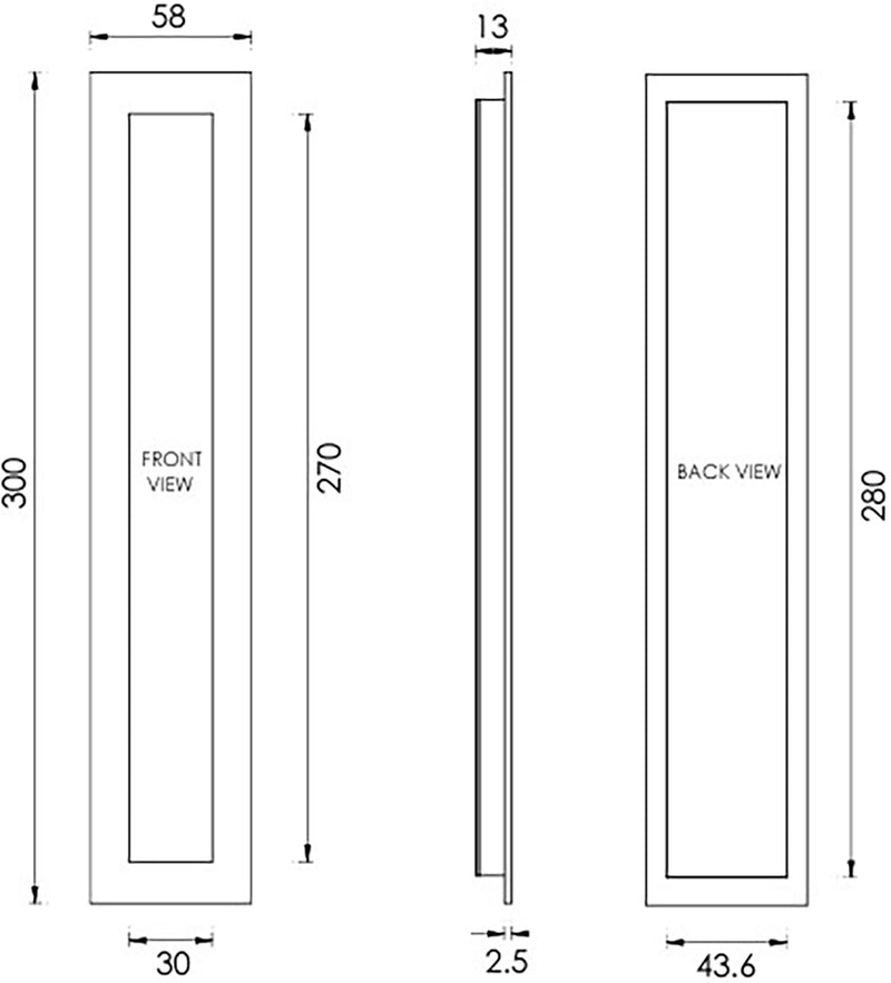 Rectangular Flush Pull Handle For Sliding Pocket Doors - Three Sizes Available - Diagram