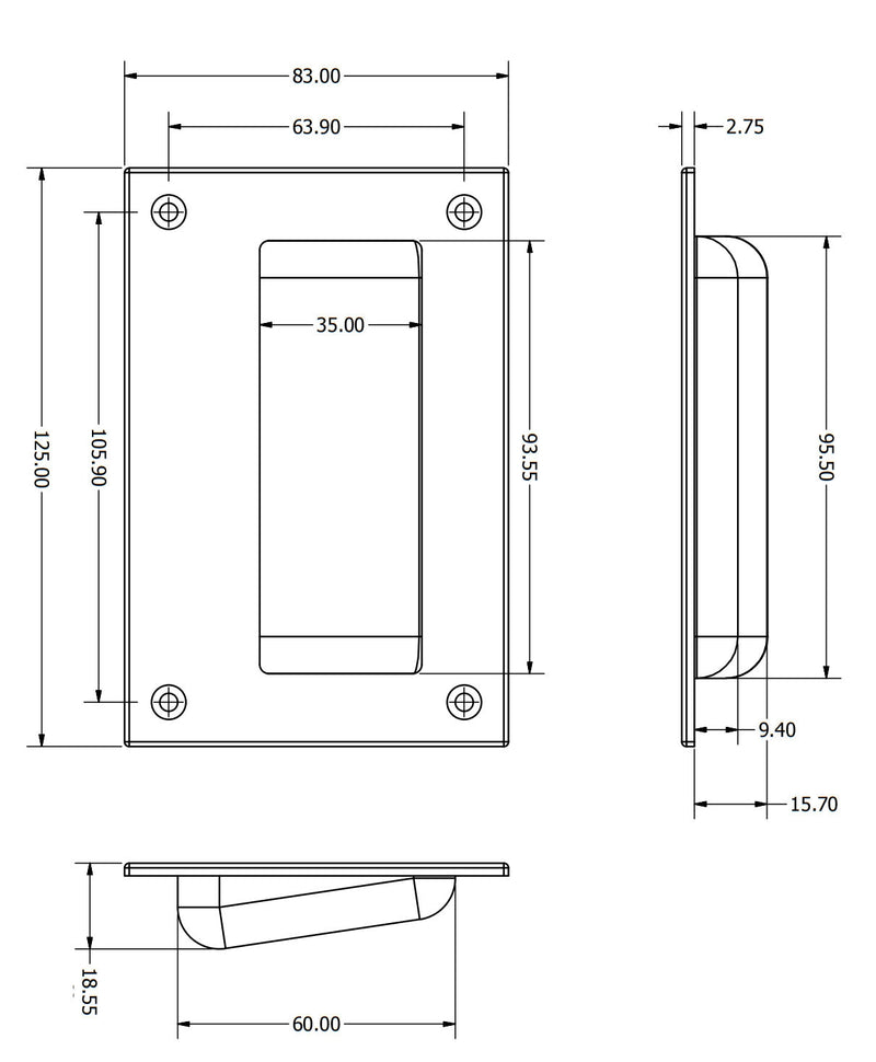 Rectangular Flush Pull Handle With Finger Grip Section - For Sliding Or Hinged Doors - 125mm x 83mm - Satin Stainless Steel