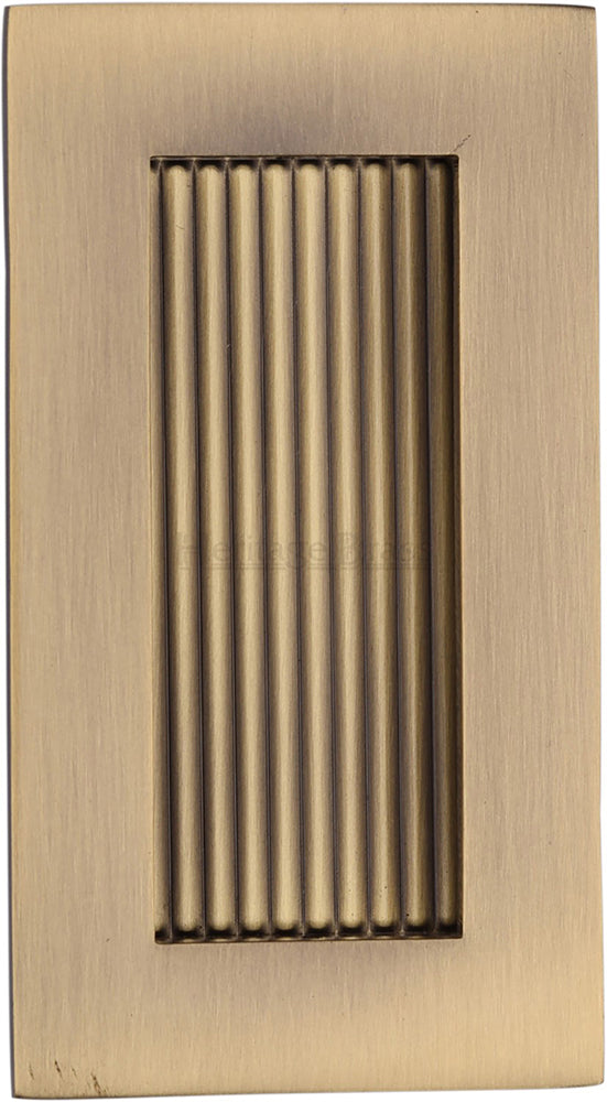 Rectangular Reeded Flush Pull Handle For Sliding Pocket Doors - Three Sizes Available - Antique Brass