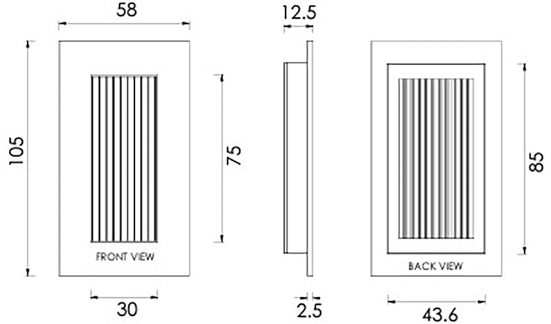 Rectangular Reeded Flush Pull Handle For Sliding Pocket Doors - Three Sizes Available - Diagram