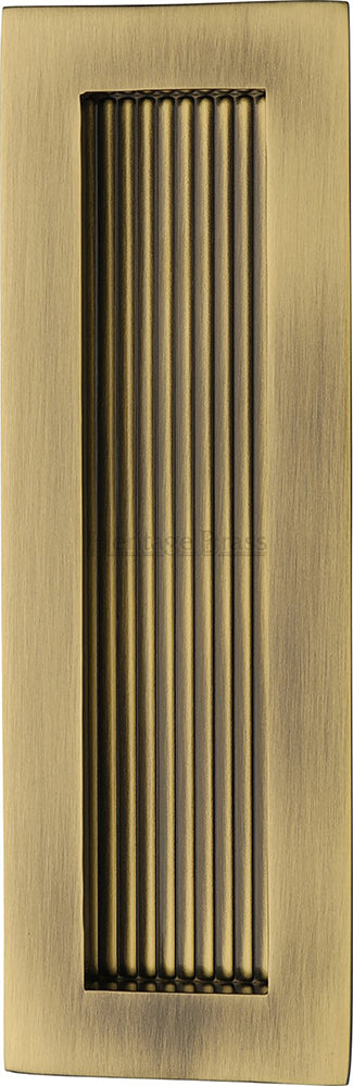 Rectangular Reeded Flush Pull Handle For Sliding Pocket Doors - Three Sizes Available - Antique Brass