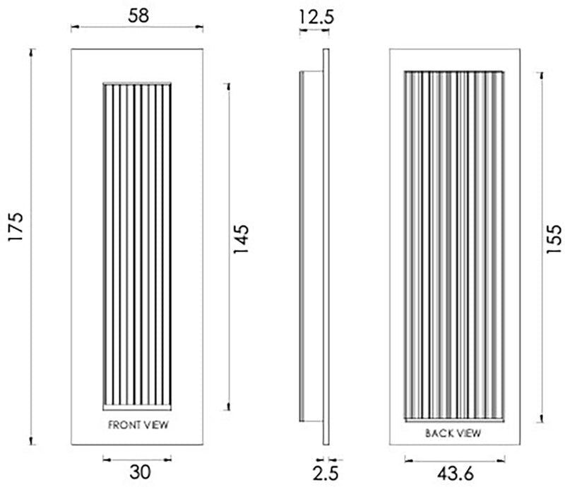 Rectangular Reeded Flush Pull Handle For Sliding Pocket Doors - Three Sizes Available - Diagram