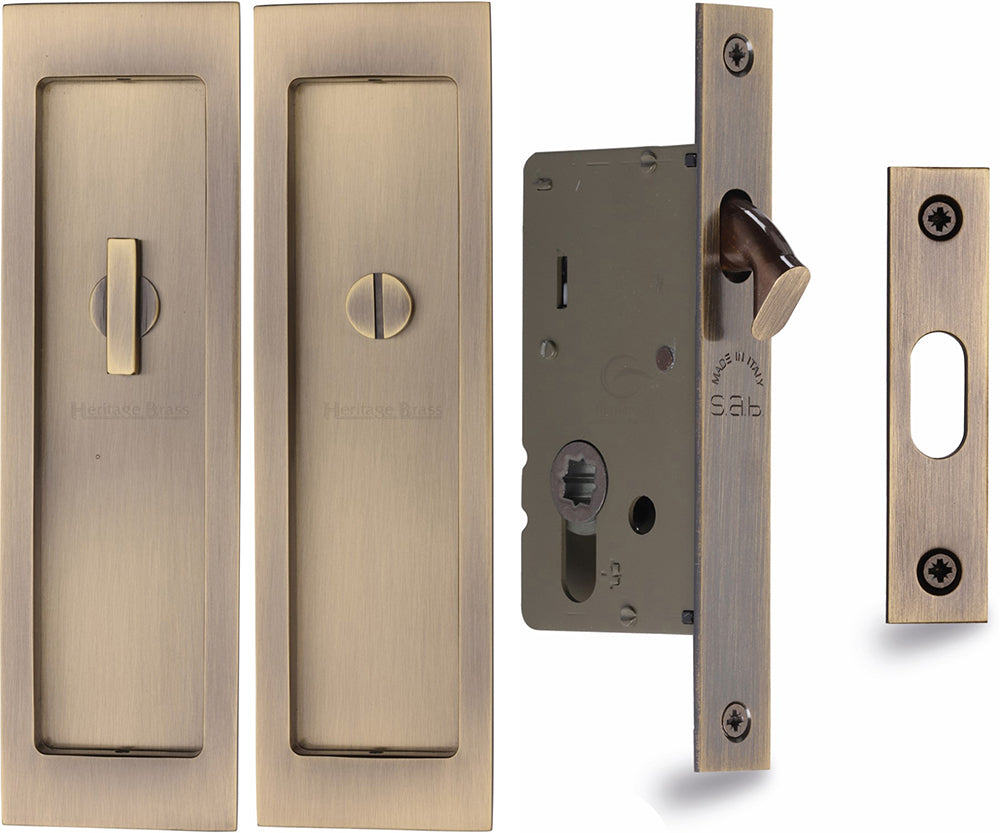 Rectangular Turn & Release Hook Lock For Sliding Pocket Doors - 197mm x 57mm - Antique Brass