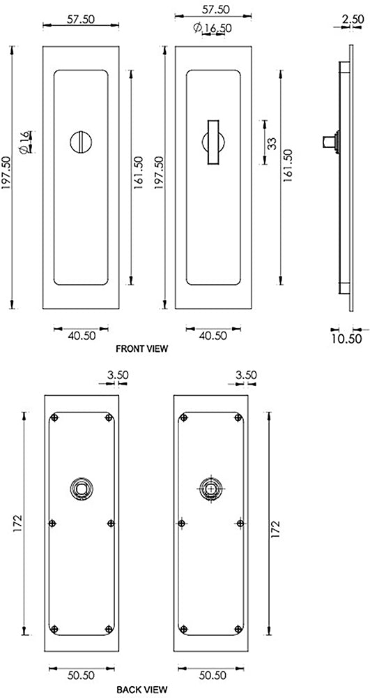 Rectangular Turn & Release Hook Lock For Sliding Pocket Doors - 197mm x 57mm - Diagram