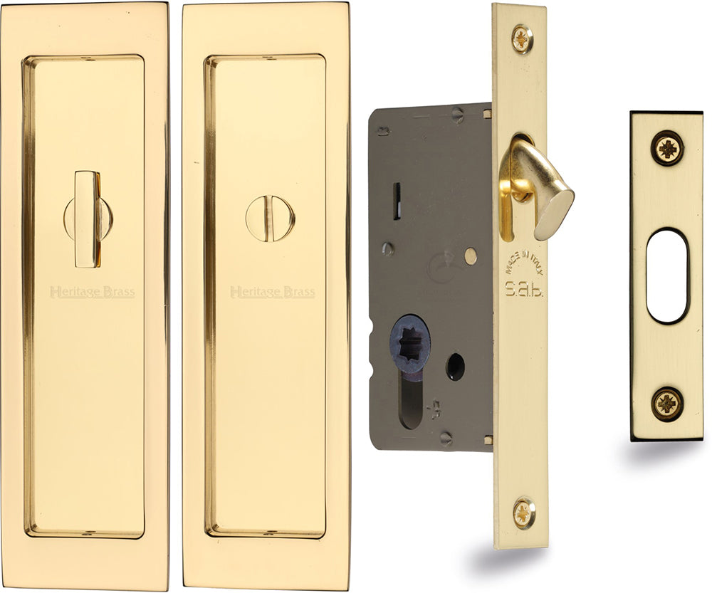 Rectangular Turn & Release Hook Lock For Sliding Pocket Doors - 197mm x 57mm - Polished Brass